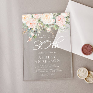 Invitaciones Acrílicas Fiesta de cumpleaños 30 mujeres con flores rosadas