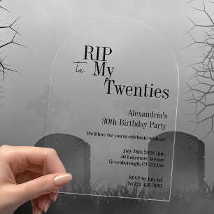 Invitaciones Acrílicas Fiesta de cumpleaños 30 RIP 20s Tipografía negra