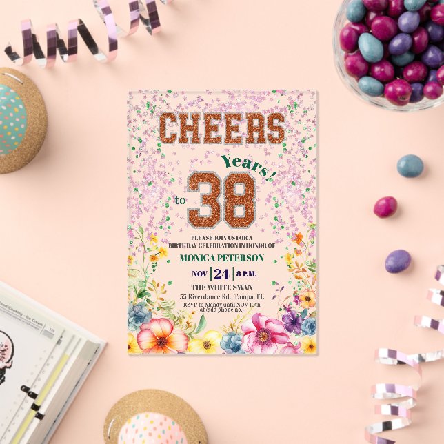 Invitaciones Acrílicas Fiesta de cumpleaños 38 con brillo de esmeralda ro (Insitu (Celebración))