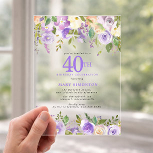 Invitaciones Acrílicas FIESTA DE CUMPLEAÑOS 40 AÑOS Floral Púrpura ACRÍLI