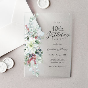 Invitaciones Acrílicas Fiesta de cumpleaños 40 con flor de poinsettia bla