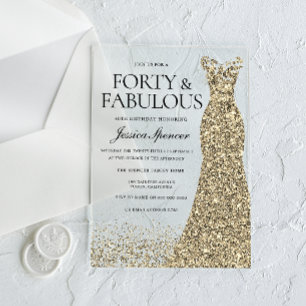 Invitaciones Acrílicas Fiesta de cumpleaños 40 de mujer con vestido dorad