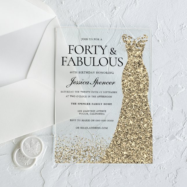 Invitaciones Acrílicas Fiesta de cumpleaños 40 de mujer de vestido dorado (Subido por el creador)