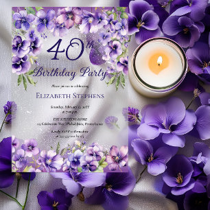 Invitaciones Acrílicas Fiesta de cumpleaños 40 Elegantes Violetas Purpúre