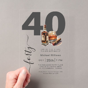 Invitaciones Acrílicas Fiesta de cumpleaños 40 masculino Whisky y Puros