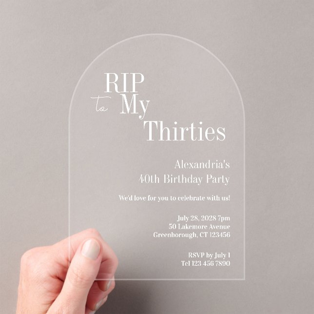 Invitaciones Acrílicas Fiesta de cumpleaños 40 RIP 30s (Insitu (portátil))