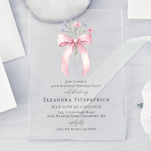 Invitaciones Acrílicas FIESTA DE CUMPLEAÑOS 40 Sorpresa Arco Rosa Flor Si