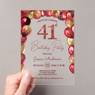 Invitaciones Acrílicas Fiesta de cumpleaños 41 sorpresa dorado brillo bur