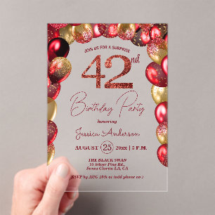 Invitaciones Acrílicas Fiesta de cumpleaños 42 sorpresa dorado burdeos br