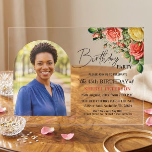 Invitaciones Acrílicas Fiesta de Cumpleaños 45 con Floral Elegante y Foto