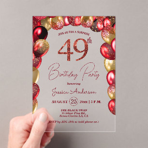 Invitaciones Acrílicas Fiesta de cumpleaños 49 sorpresa dorado brillo bor