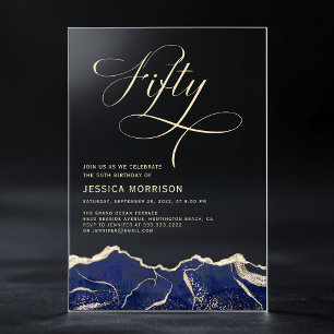 Invitaciones Acrílicas Fiesta de cumpleaños 50 cincuenta Navy Blue Gold A