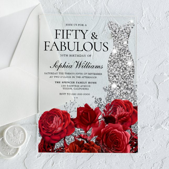 Invitaciones Acrílicas Fiesta de cumpleaños 50 de Red Roses Diamond Gown (Subido por el creador)
