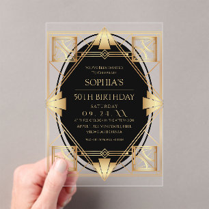 Invitaciones Acrílicas Fiesta de cumpleaños 50 Gatsby Art Deco