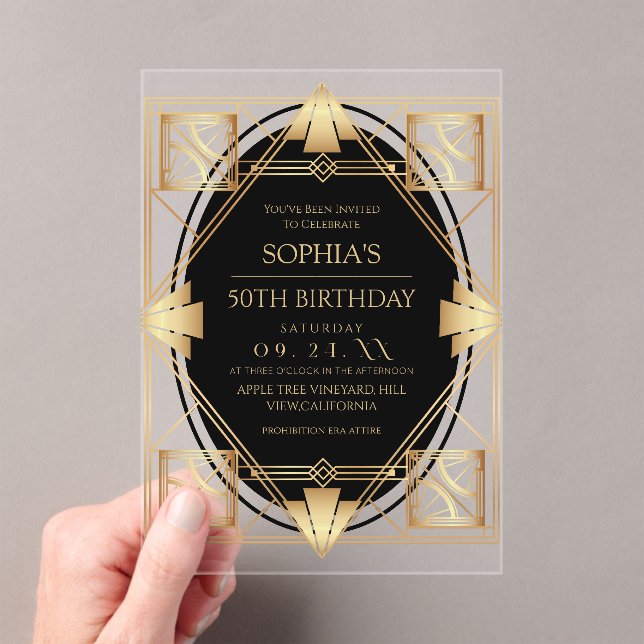 Invitaciones Acrílicas Fiesta de cumpleaños 50 Gatsby Art Deco (Insitu (portátil))