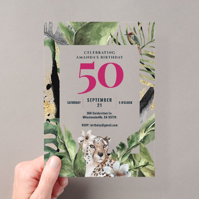 Invitaciones Acrílicas Fiesta de cumpleaños 50 Jungle Leopard Pink  (Insitu (portátil))