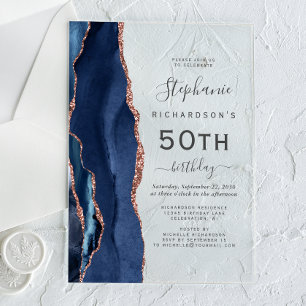 Invitaciones Acrílicas Fiesta de cumpleaños 50 Navy Blue Rose Gold Agata
