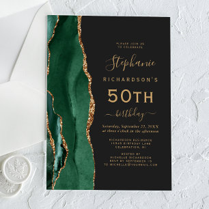 Invitaciones Acrílicas Fiesta de cumpleaños 50 oscuro con ágata dorada ve