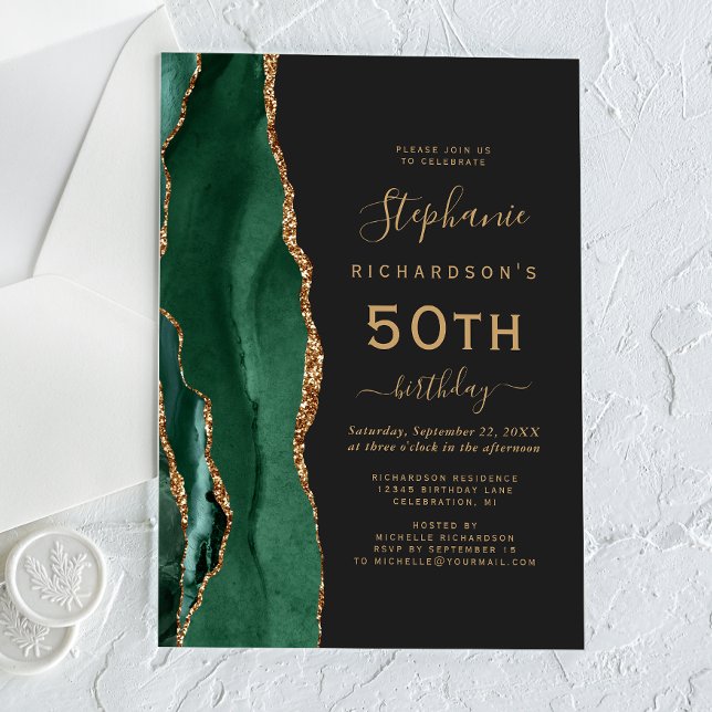 Invitaciones Acrílicas Fiesta de cumpleaños 50 oscuro con ágata dorada ve (Subido por el creador)