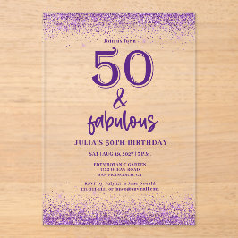 Invitaciones Acrílicas Fiesta de cumpleaños 50 Purple, Purpurina de Plata