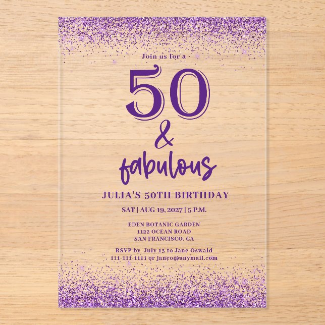 Invitaciones Acrílicas Fiesta de cumpleaños 50 Purple, Purpurina de Plata (Anverso)