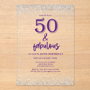 Invitaciones Acrílicas Fiesta de cumpleaños 50 Purple, Purpurina de Plata
