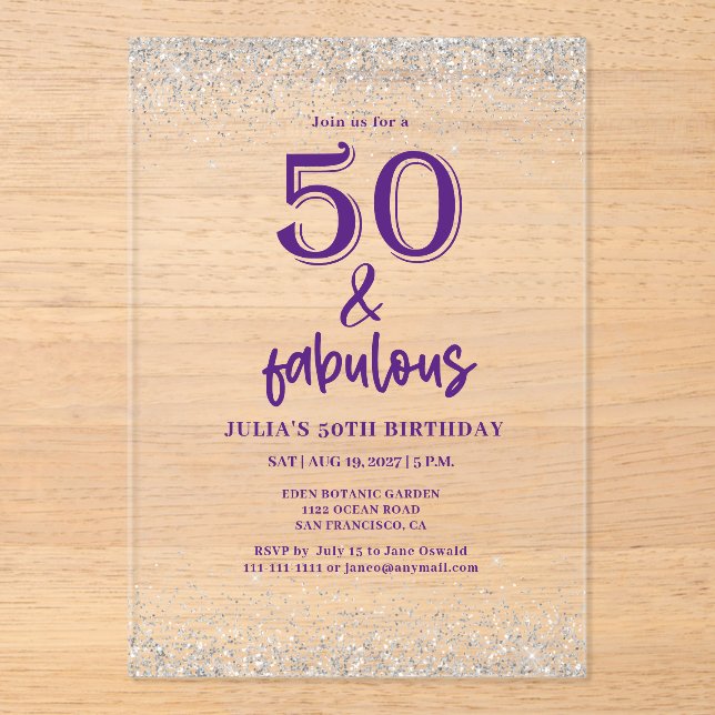 Invitaciones Acrílicas Fiesta de cumpleaños 50 Purple, Purpurina de Plata (Anverso)
