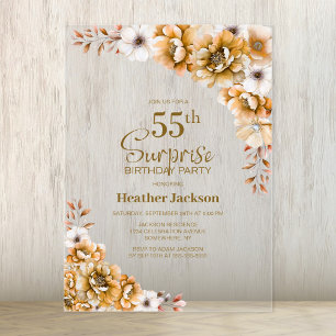 Invitaciones Acrílicas Fiesta de cumpleaños 55 con flores naranjas con es