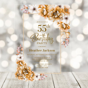 Invitaciones Acrílicas Fiesta de cumpleaños 55 con flores naranjas modern