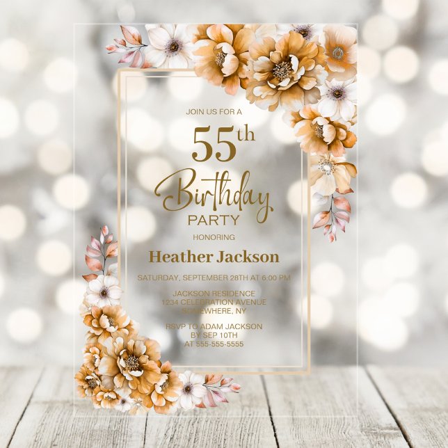 Invitaciones Acrílicas Fiesta de cumpleaños 55 con flores naranjas modern (Subido por el creador)