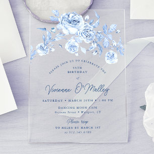 Invitaciones Acrílicas Fiesta de cumpleaños 55 Dusty Blue Floral