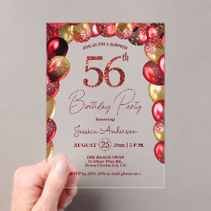 Invitaciones Acrílicas Fiesta de cumpleaños 56 sorpresa dorado brillo bur