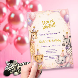 Invitaciones Acrílicas Fiesta de cumpleaños 5 años Pink Glam Safari