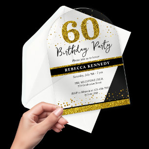 Invitaciones Acrílicas Fiesta de cumpleaños 60 con brillo dorado y negro