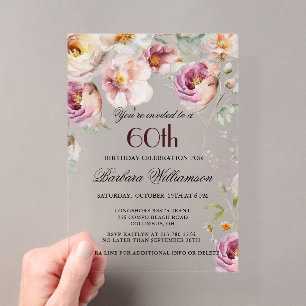 Invitaciones Acrílicas Fiesta de Cumpleaños 60 Elegante Floral de Flor Si