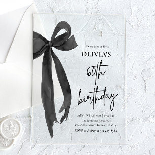 Invitaciones Acrílicas Fiesta de Cumpleaños 60 Elegante Lazo Negro Acuare