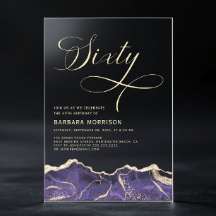 Invitaciones Acrílicas Fiesta de Cumpleaños 60 Sesenta Años Purple Gold A