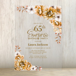 Invitaciones Acrílicas Fiesta de Cumpleaños 65 Sorpresa Floral Naranja co