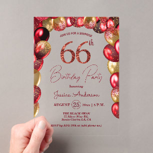Invitaciones Acrílicas Fiesta de cumpleaños 66 sorpresa dorado brillo bur