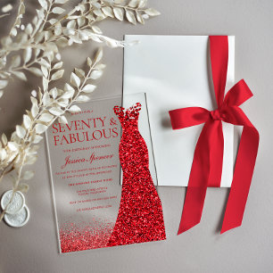 Invitaciones Acrílicas Fiesta de Cumpleaños 70 de Vestido Rojo Setenta y
