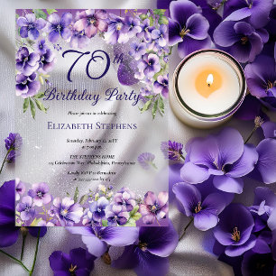 Invitaciones Acrílicas Fiesta de cumpleaños 70 elegante con violetas mora