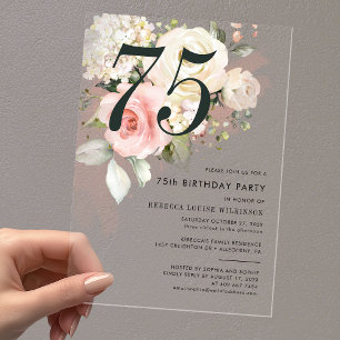 Invitaciones Acrílicas Fiesta de cumpleaños 75 con flores rosadas en acua