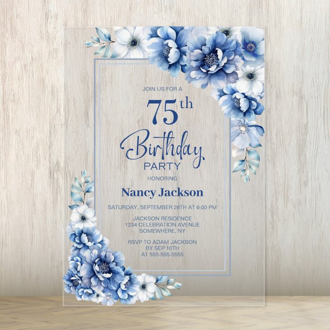 Invitaciones Acrílicas Fiesta de cumpleaños 75 moderno floral azul (Subido por el creador)