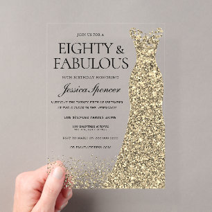 Invitaciones Acrílicas Fiesta de cumpleaños 80 de mujer de vestido dorado