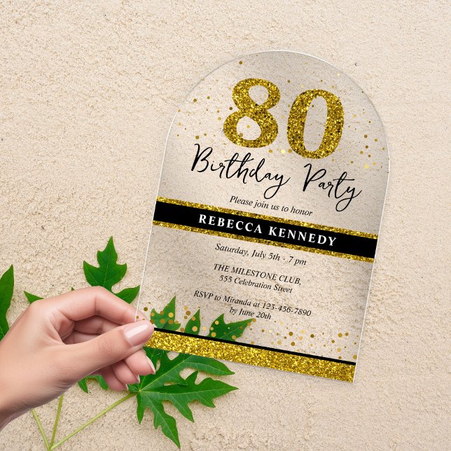 Invitaciones Acrílicas Fiesta de cumpleaños 80 de Purpurina Negro y Oro (Black And Gold Glitter 80th Birthday Party Acrylic Invitations)