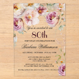 Invitaciones Acrílicas Fiesta de Cumpleaños 80 Elegante Floral de Flor Si