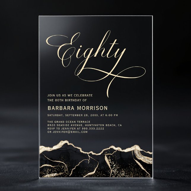 Invitaciones Acrílicas Fiesta de cumpleaños 80 ochenta años Black Gold Ag (Subido por el creador)