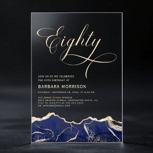 Invitaciones Acrílicas Fiesta de cumpleaños 80 ochenta Navy Blue Gold Aga