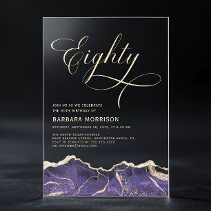 Invitaciones Acrílicas Fiesta de cumpleaños 80 ochenta Purple Gold Agate
