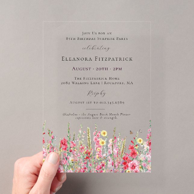 Invitaciones Acrílicas FIESTA DE CUMPLEAÑOS 85 Cumpleaños de Agosto Flor  (Insitu (portátil))
